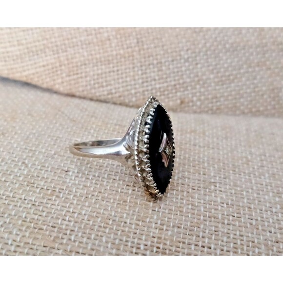 Vintage Onyx Diamond Filigree Ring 10k White Gold Size 7.75 - Picture 2 of 12